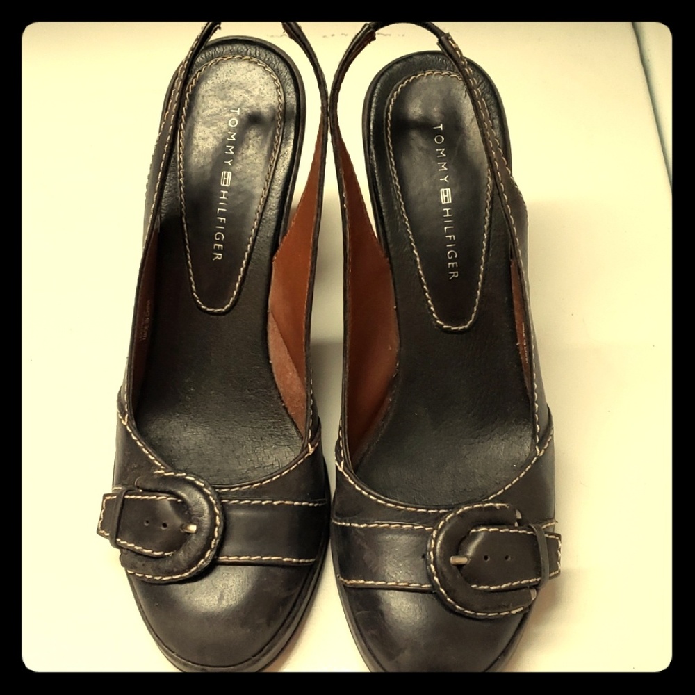 Black sling back shoes with top fancy buckle